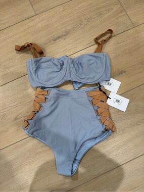 High-Waist Two-Piece Bikini Set in Light Blue with Tan Straps